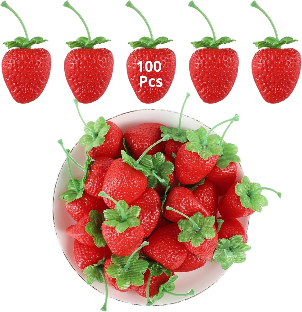 100 Pcs Fake Strawberries - 1.42" Artificial Faux Plastic Red Strawberries Decorations
